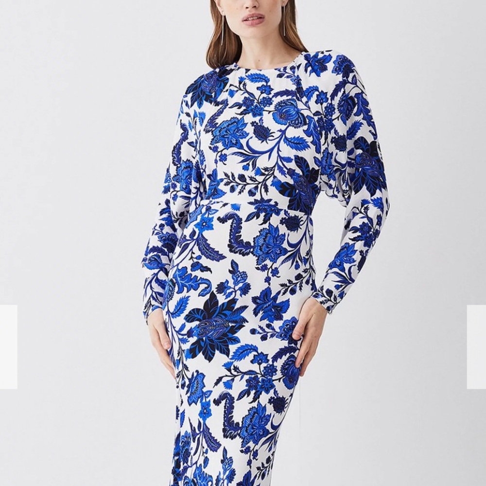 KAREN MILLEN Women's Summer Blues Batwing Midi Dress NWT Blue and White Size 6